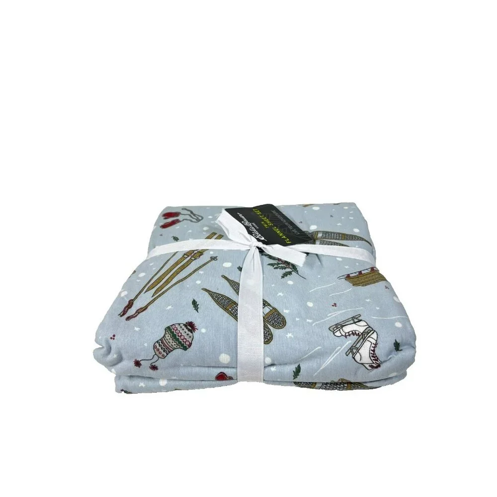 Eddie Bauer Twin Flannel Sheet Set Winter Snow Day Print Blue